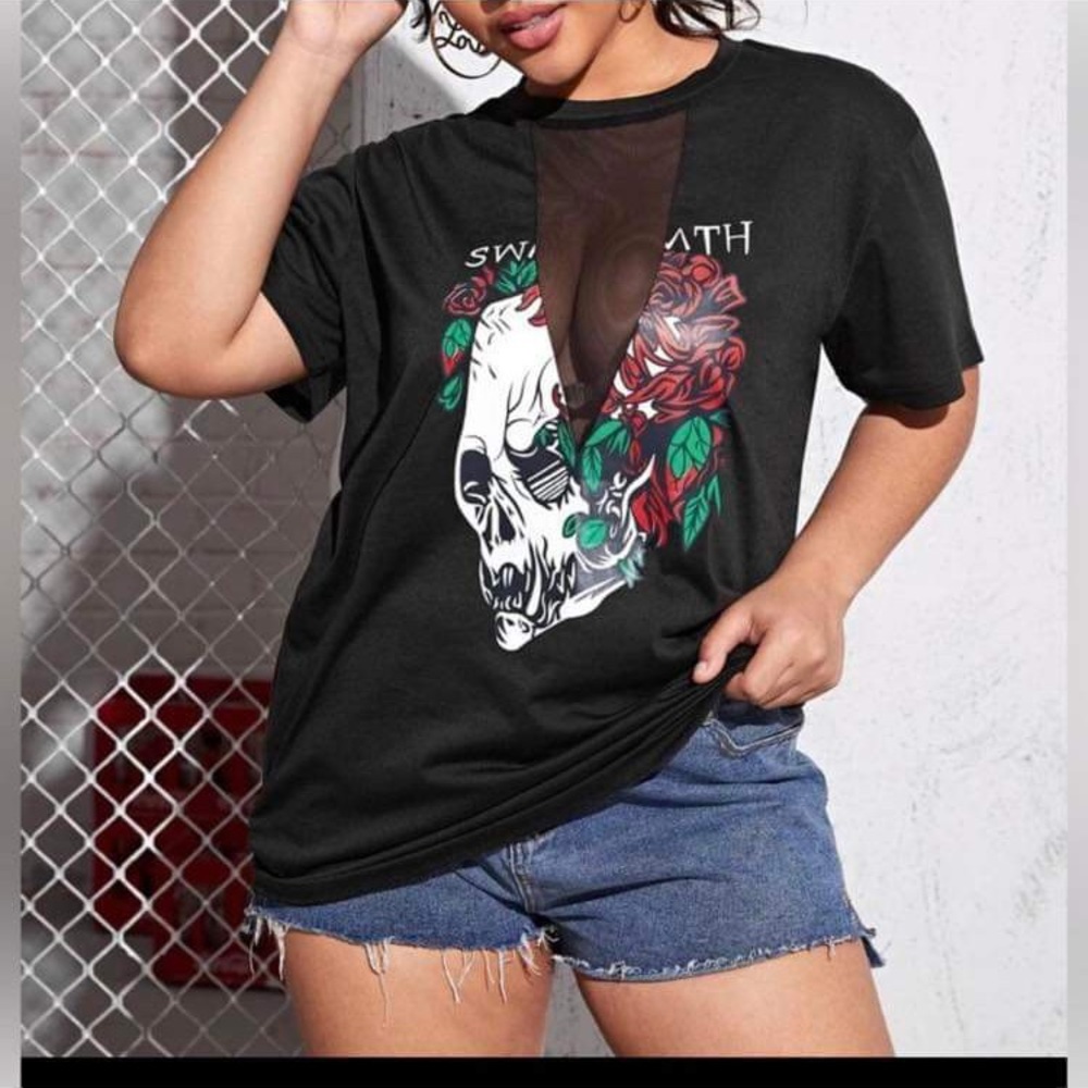 Plus skull graphic mesh insert tee